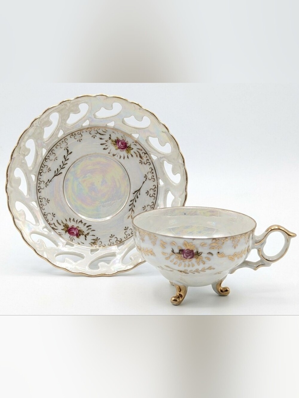 Vintage Japan Lusterware Footed Teacup & Reticulated Saucer Gold Floral Set